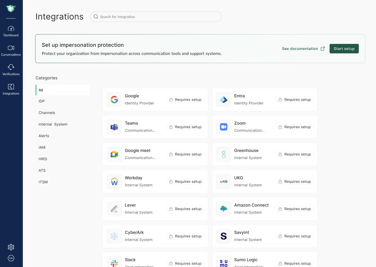 imper.ai Integrations catalog showing available integrations grouped by category.