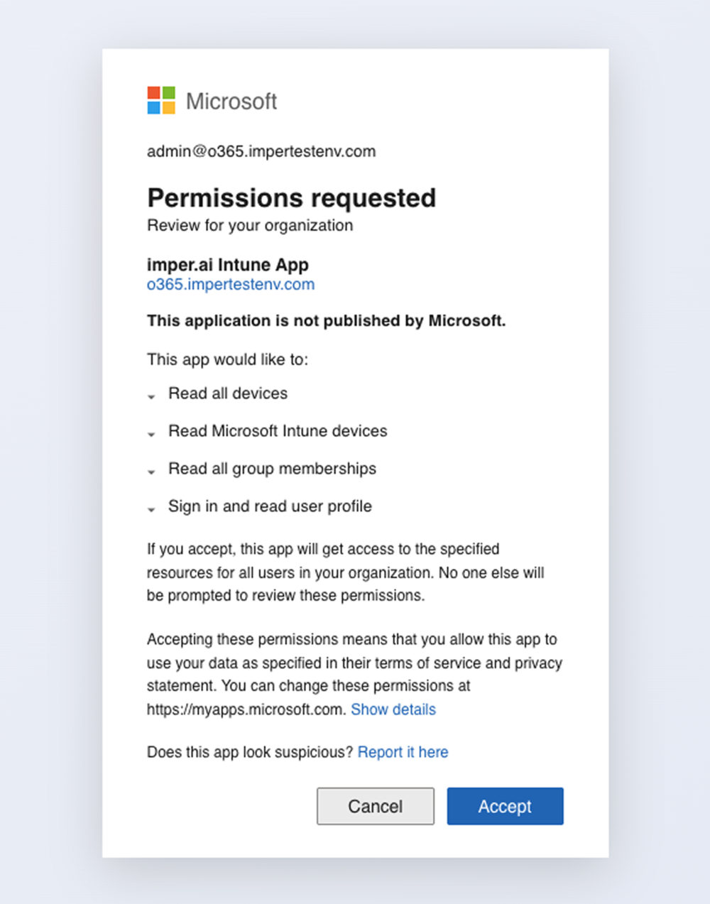 The Microsoft admin consent screen for the imper.ai Intune App, listing the requested read-only Microsoft Graph permissions