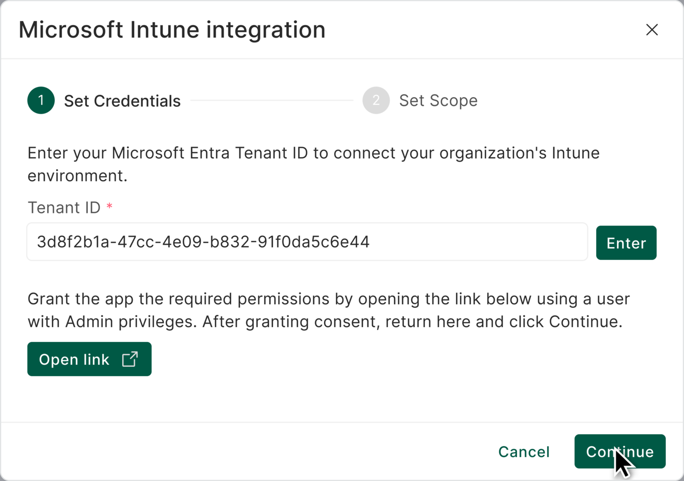 Set Credentials step showing the enabled admin consent link via the Open link button and the active Continue button
