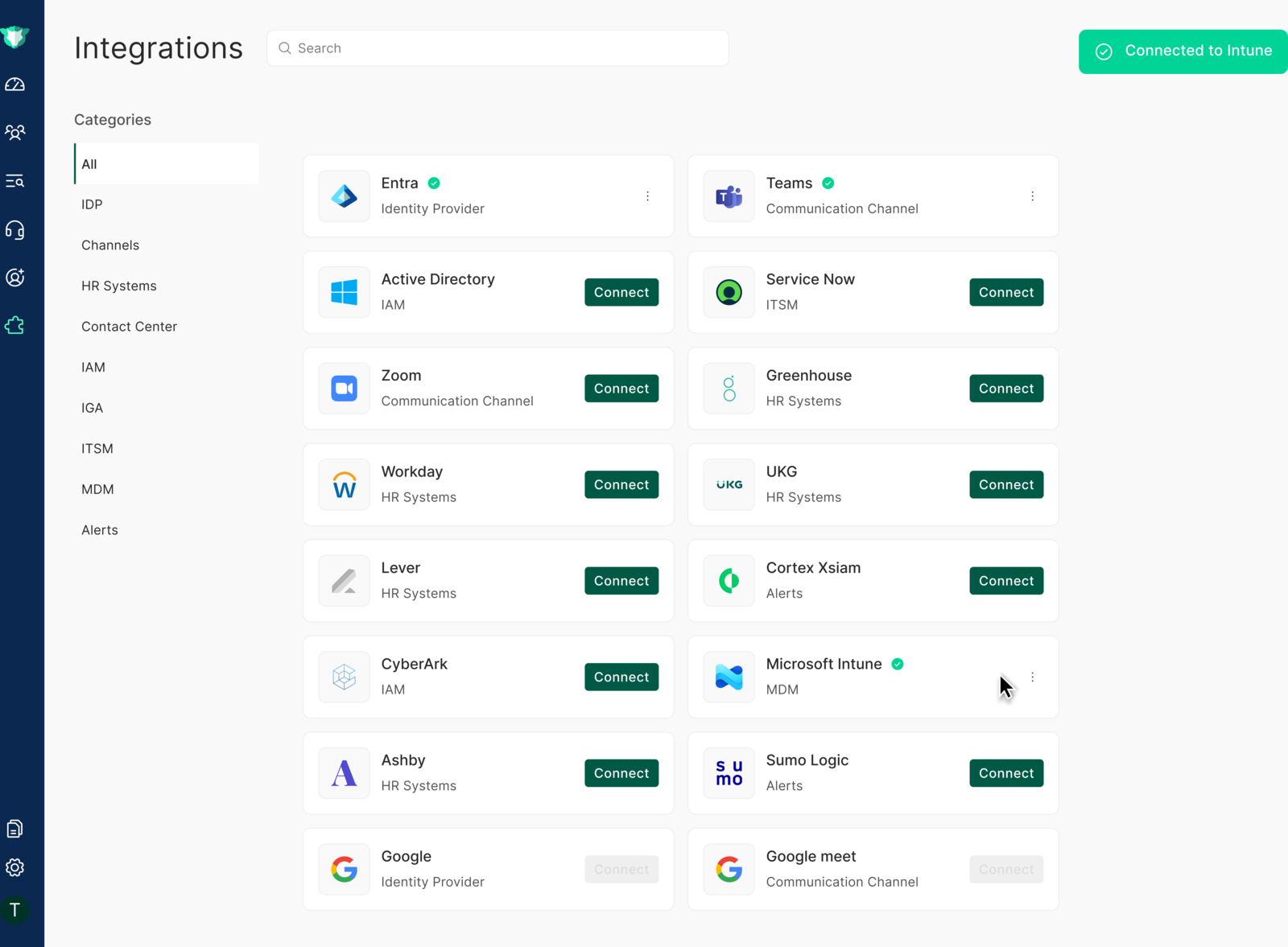 The imper.ai Integrations page with Microsoft Intune listed under the MDM category