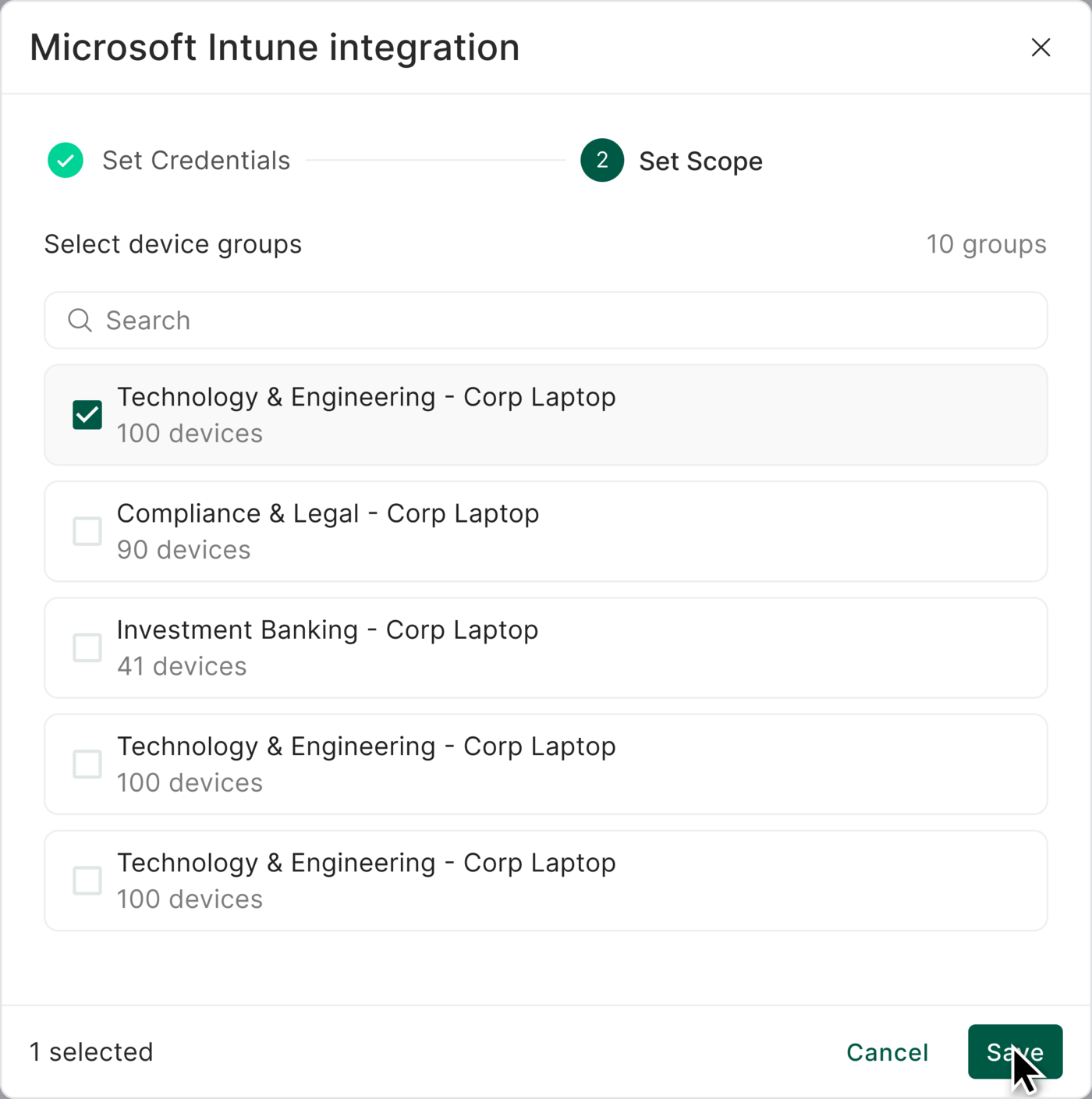 The Set Scope step with a device group selected and the Save button enabled
