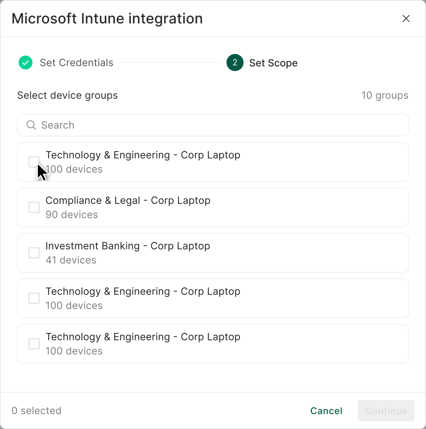 The Set Scope step showing a searchable, multi-select list of Entra groups, each with its device count