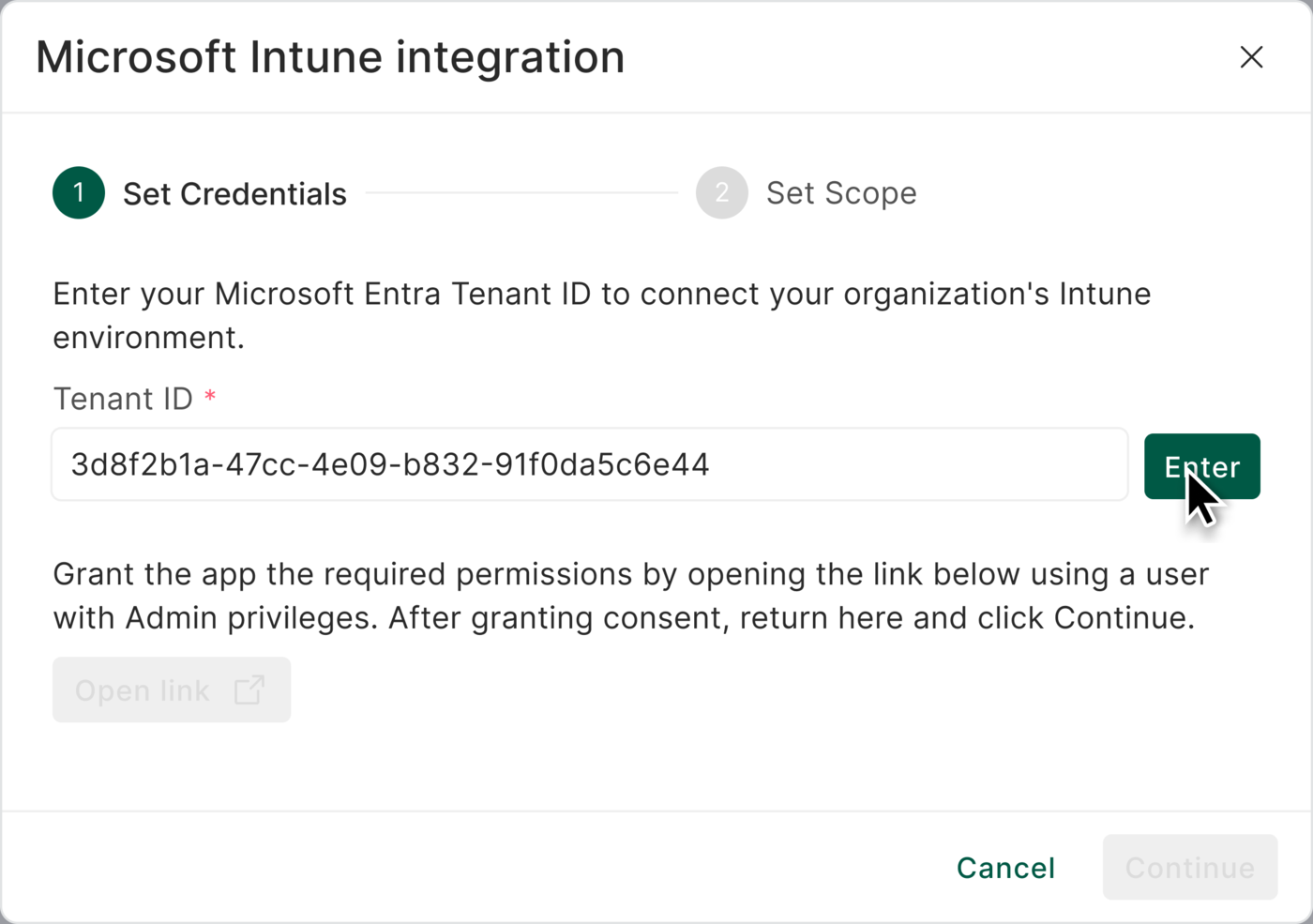 Microsoft Intune integration dialog on the Set Credentials step, with the Microsoft Entra tenant ID entered and the Enter button active