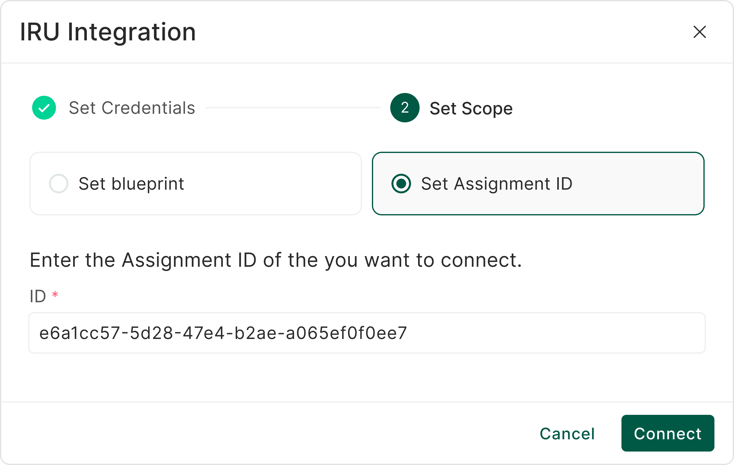 Iru Integration dialog showing Set Assignment ID option with ID input field