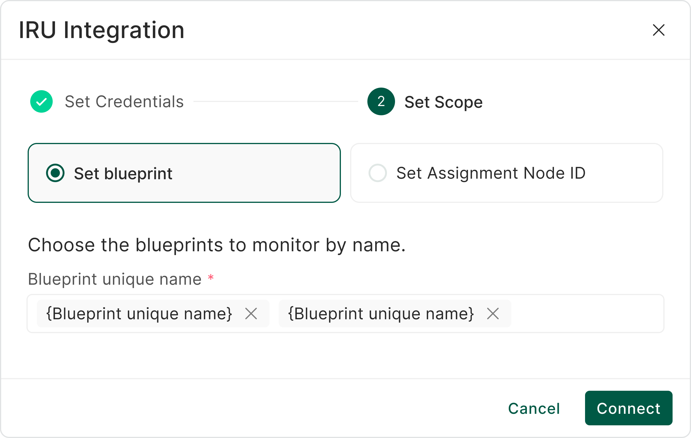 Iru Integration dialog showing Set Blueprint option with blueprint name selection