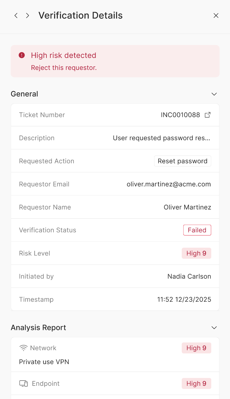 The Verification Details view, with the analysis report and a recommended action.