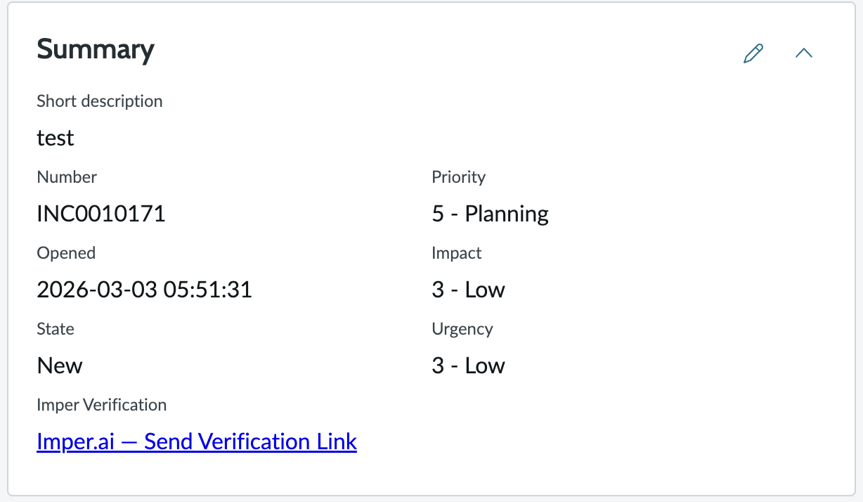 The imper.ai verification link added to the ticket.