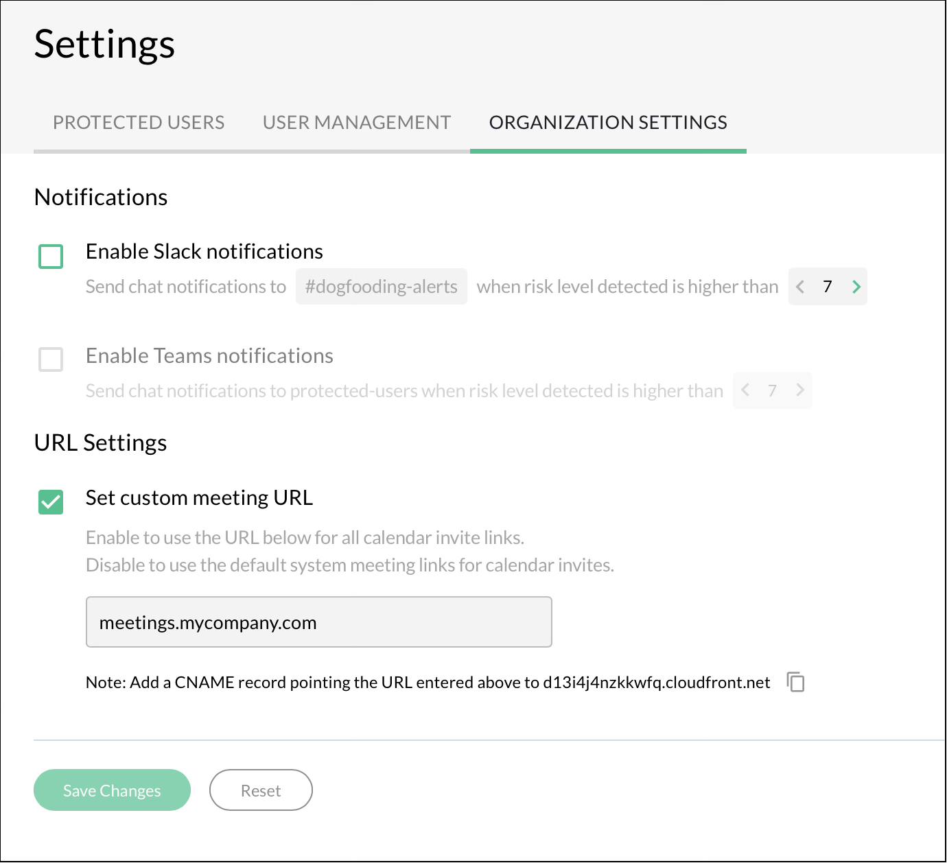 Settings page showing notification options and custom meeting URL configuration.
