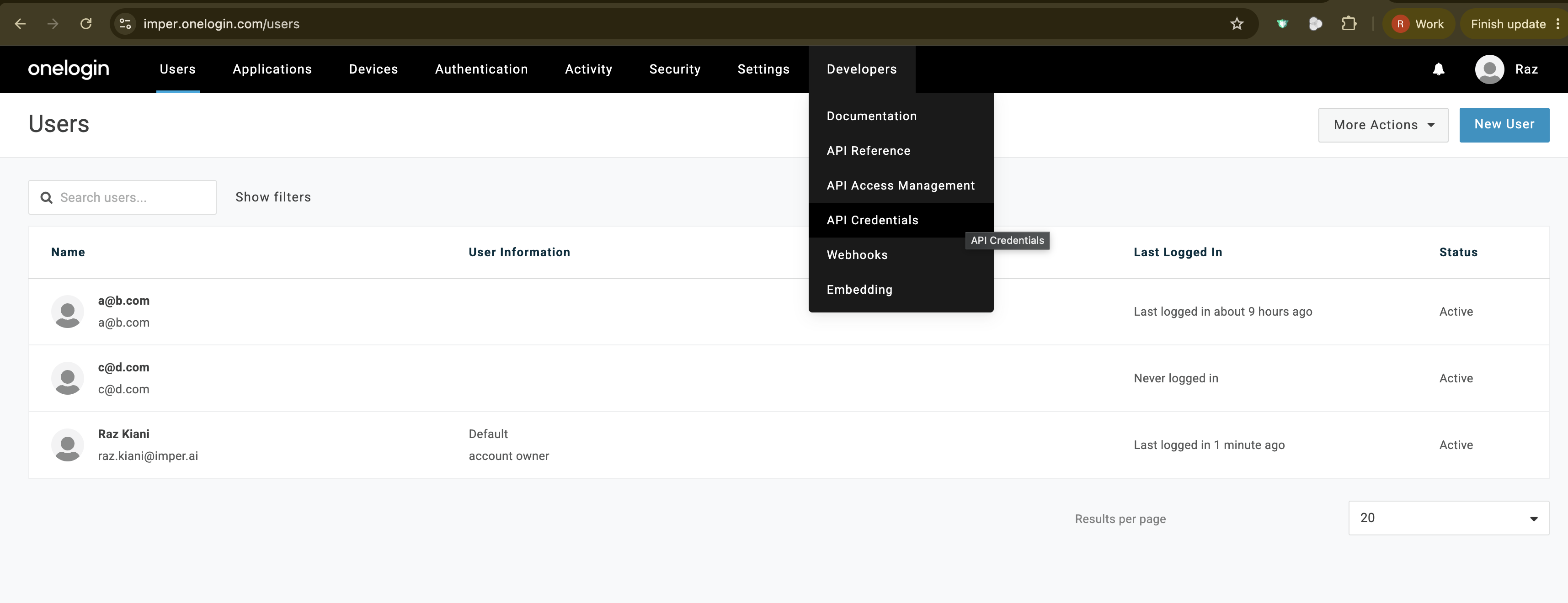 onelogin-api-credentials-menu