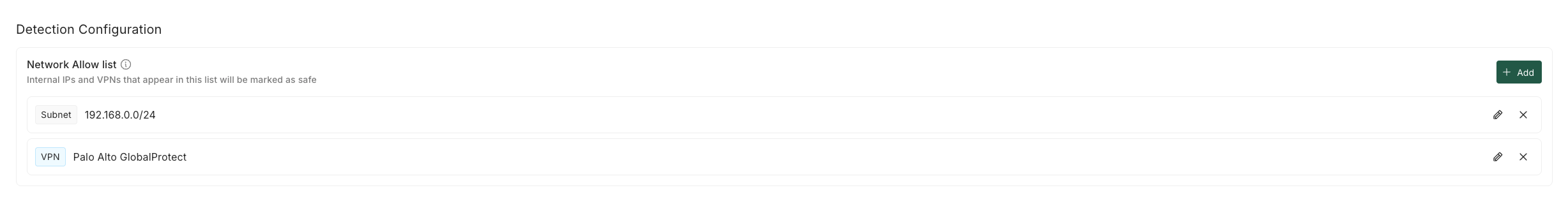 The Network Allow List in Organization Settings, showing subnet and VPN entries with their type, value, updated date, and reason.