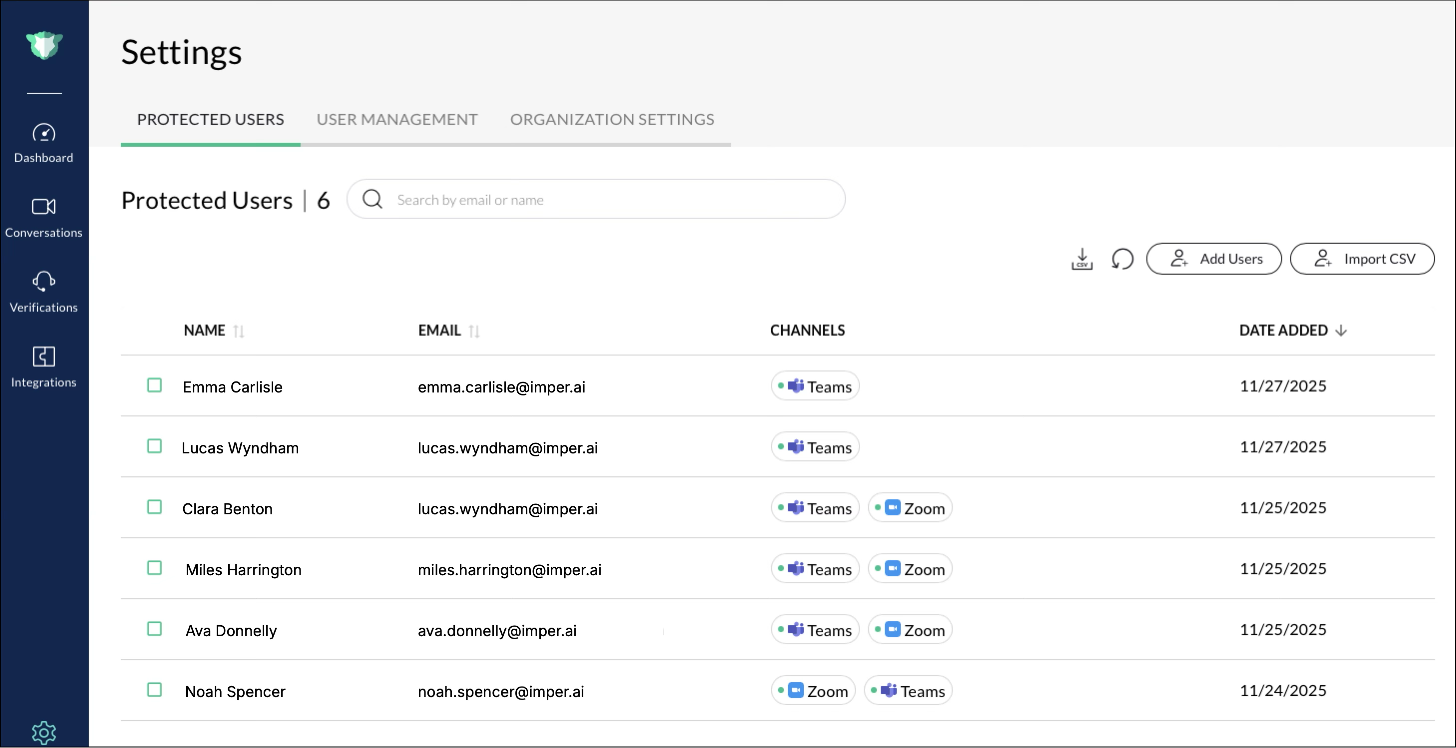 Settings page displaying protected users with their emails and communication channels.
