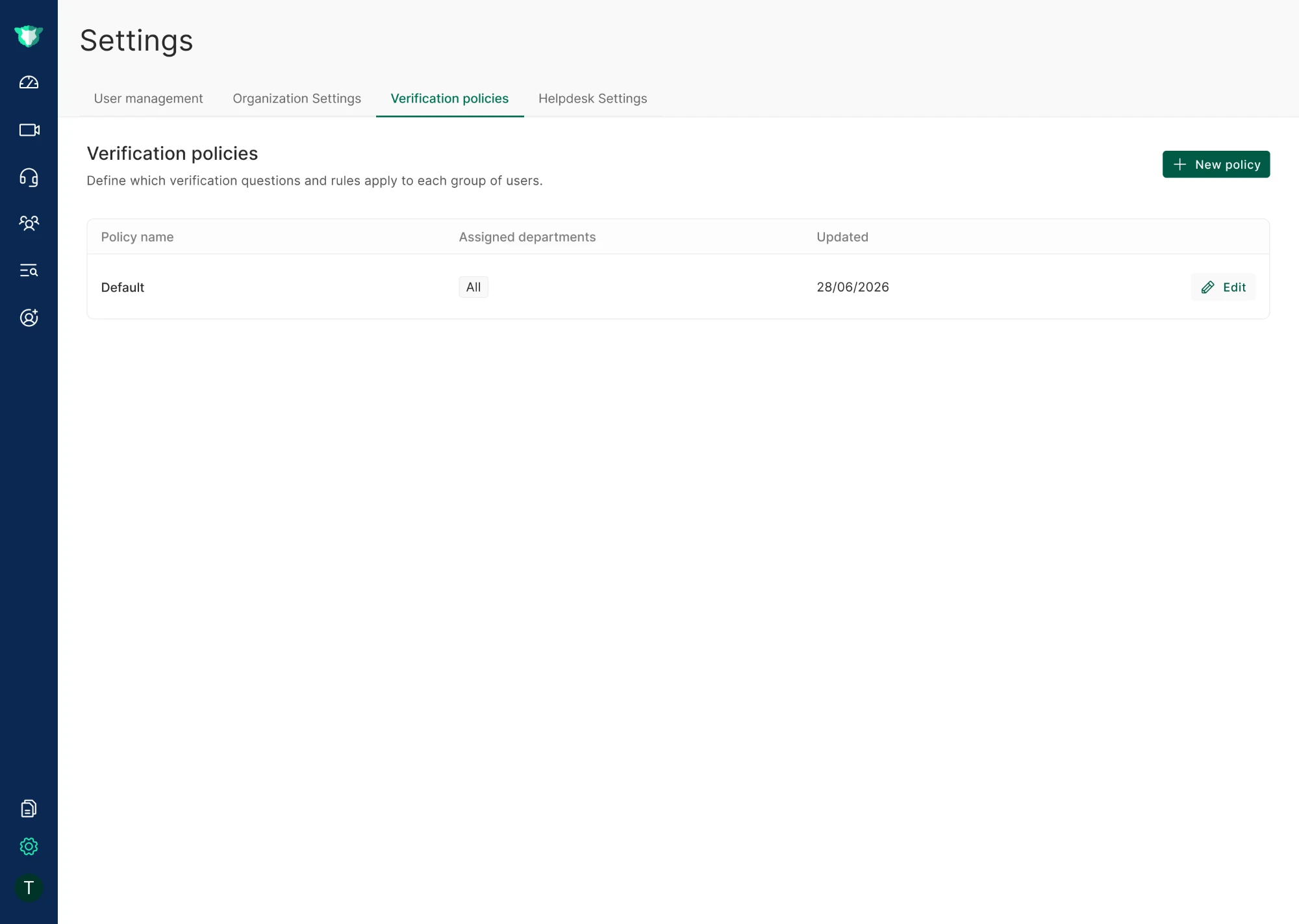 Verification Policies list page, showing the policy table and the New Policy button.