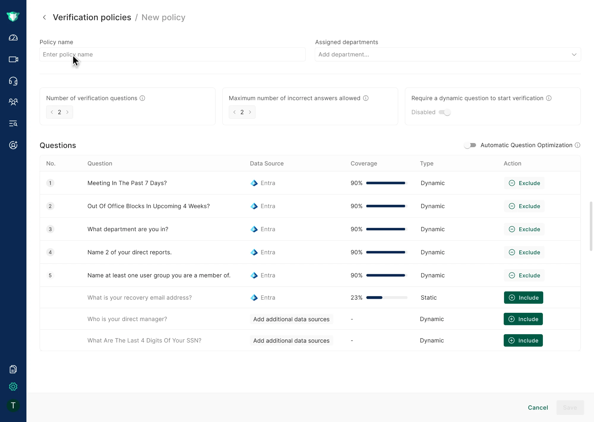 New policy form with an empty Policy Name field and the default Questions table.