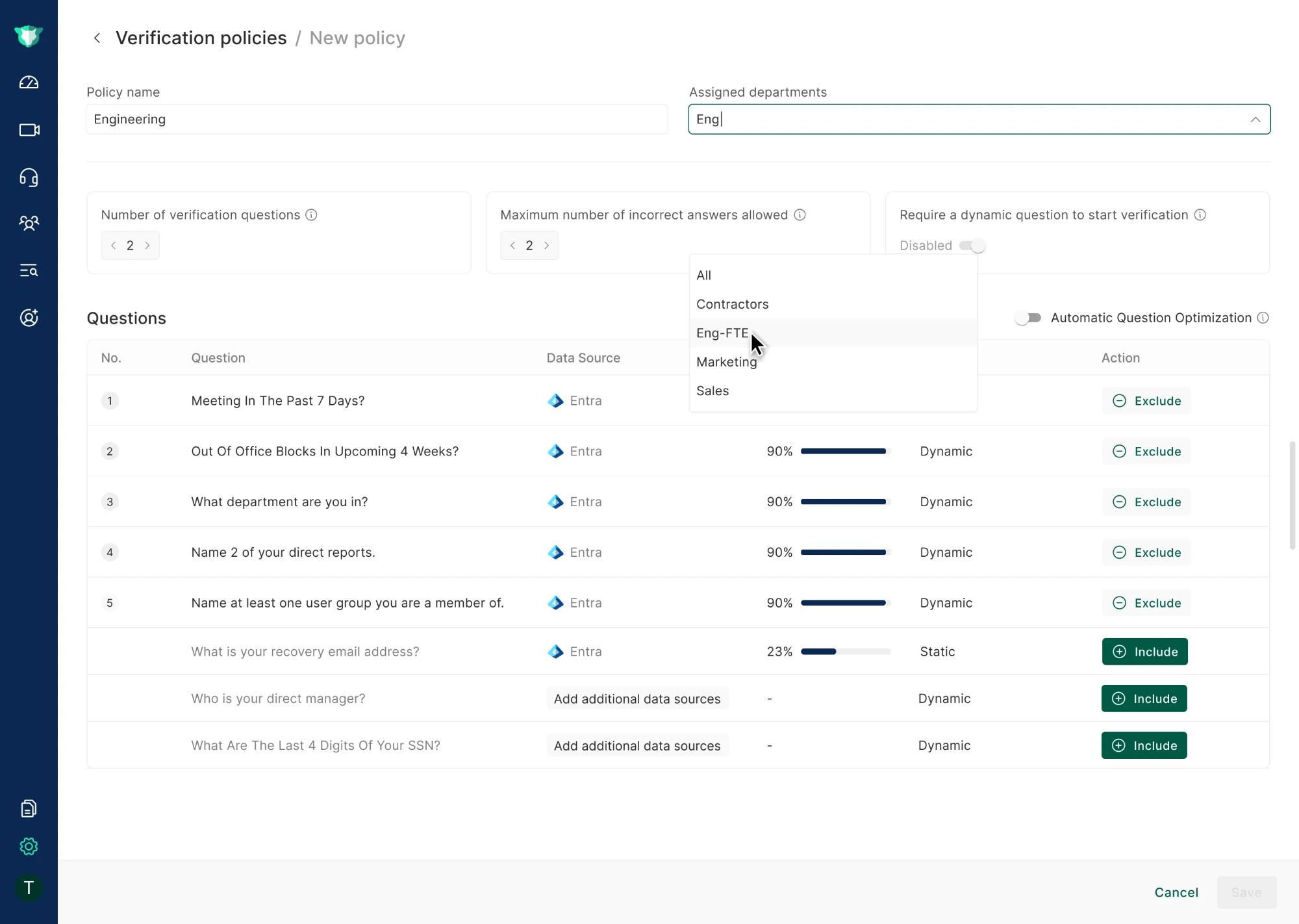 Policy edit screen showing Policy Name, Assigned Departments, and the Questions table.