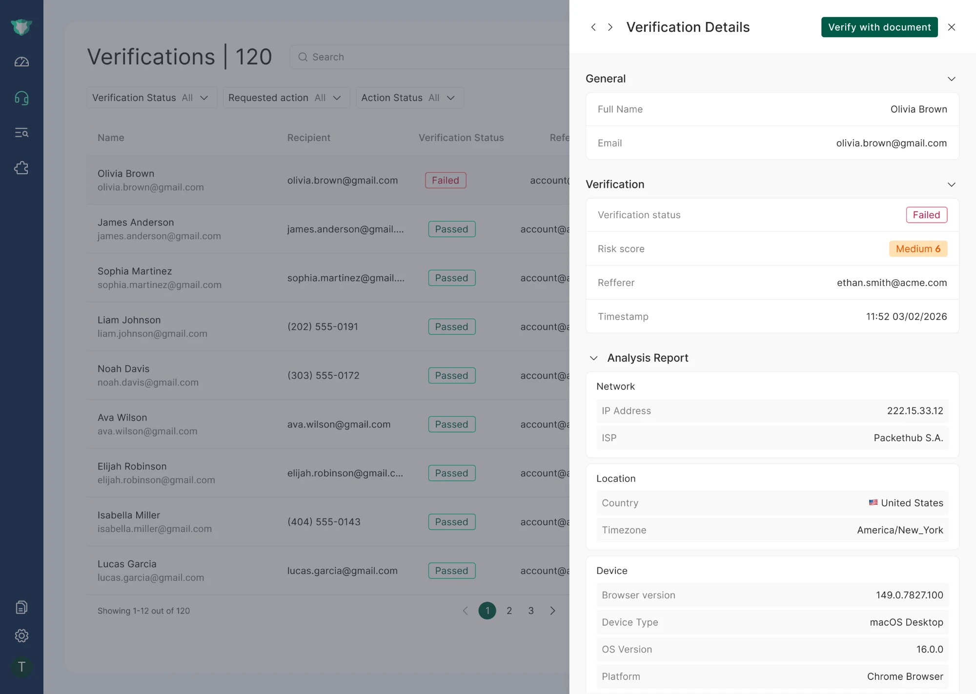 Verification Summary drawer for a medium-risk failed verification, showing the Verify with document button.