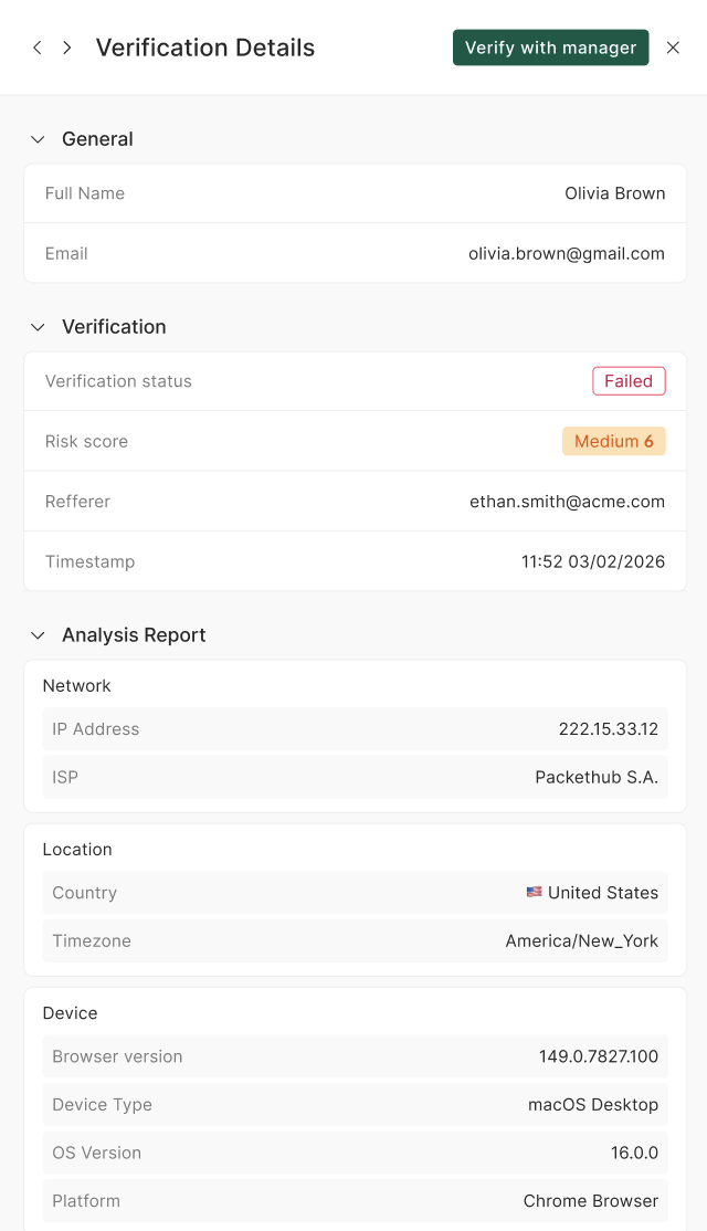 Verification Summary drawer for a medium-risk failed verification, showing the Verify with manager button.
