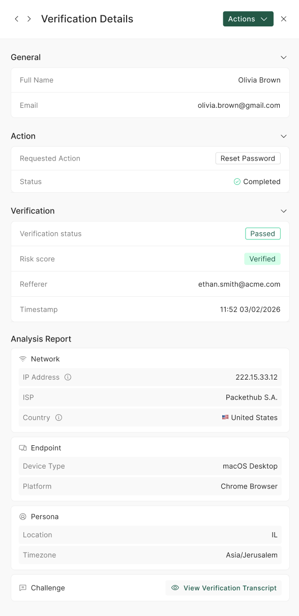 Verification Summary panel for a passed verification with an action performed, showing participant info, verification status, risk score, and the Action section.