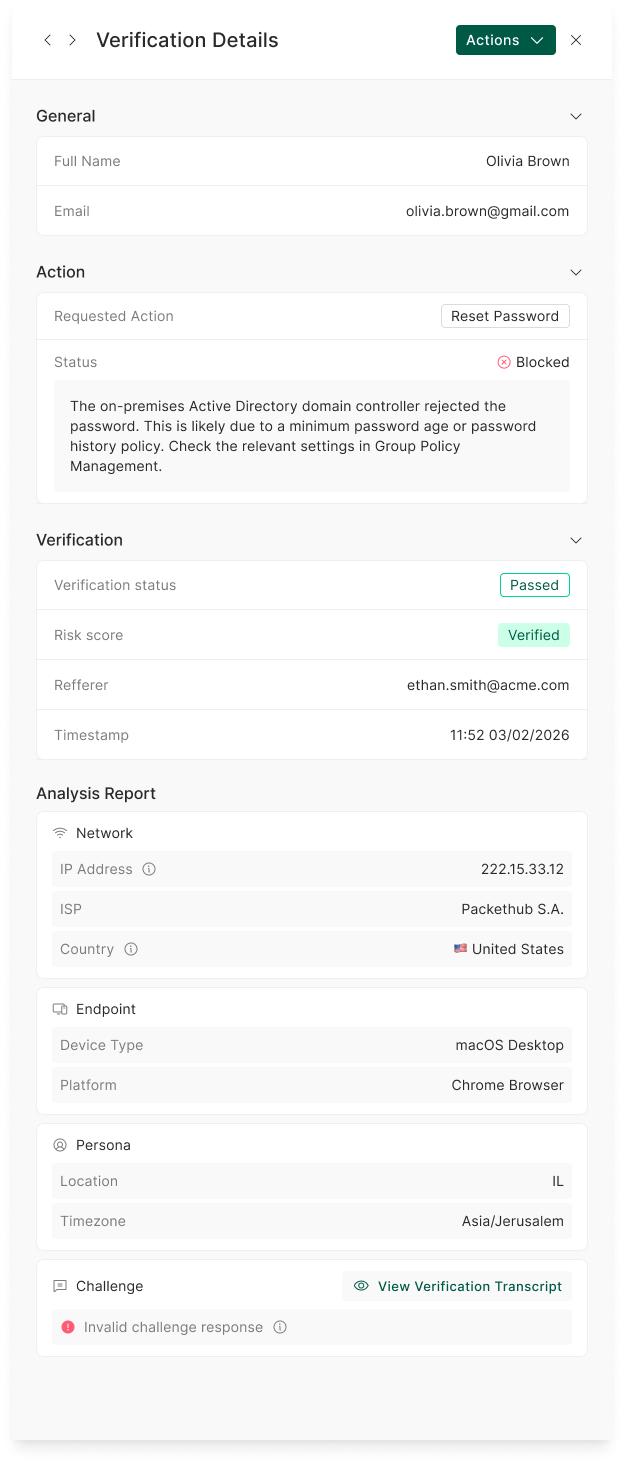 Verification Summary panel for a passed verification with a failed action, showing the Action section with the reason for the failure.