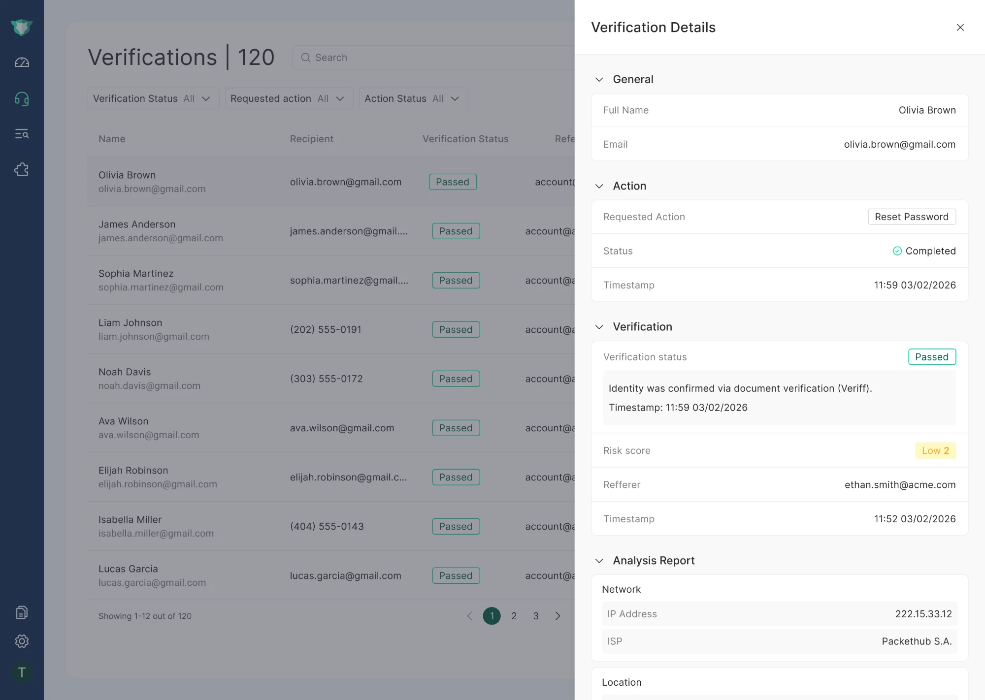 The verification drawer after an approved document verification, showing the confirmed status and lowered risk score.