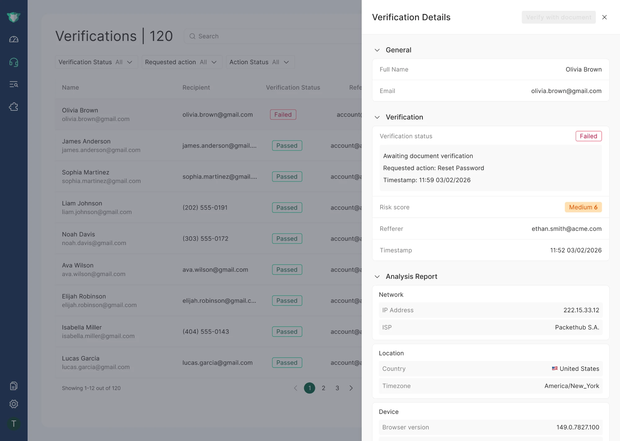 The verification drawer showing an Awaiting document verification status, with the requested action and a timestamp.