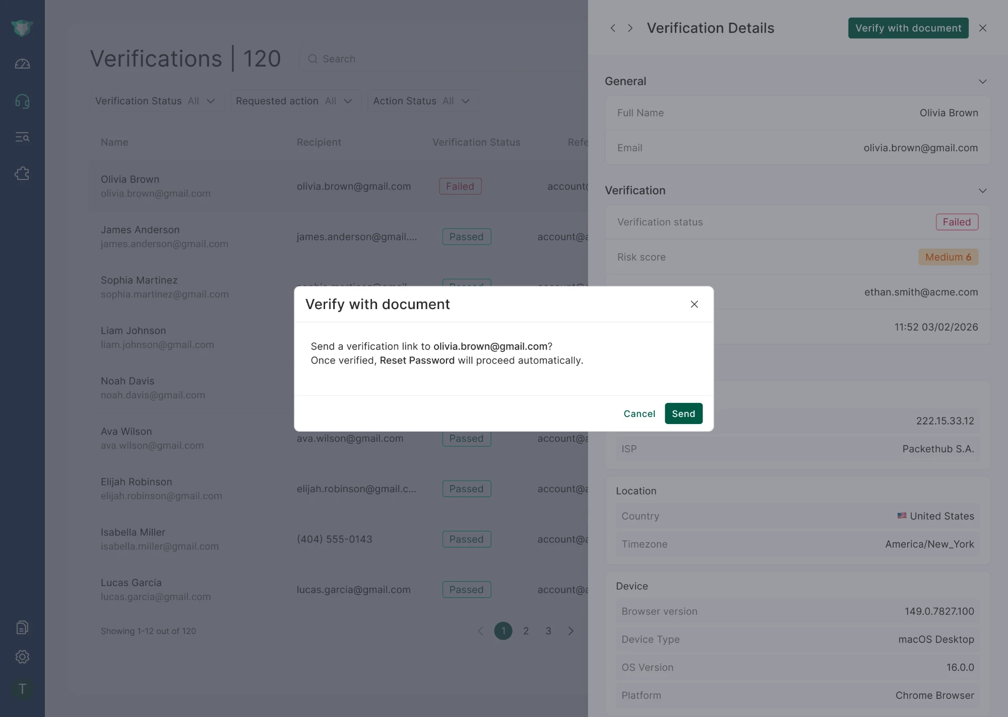 The Verify with document confirmation dialog, showing the destination and the action that will resume once the user is verified.