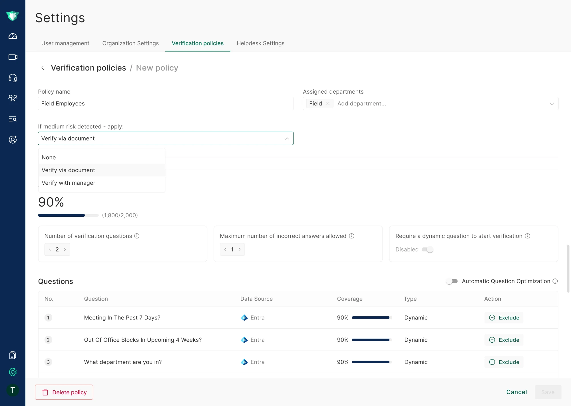 Verification policy edit screen with the If medium risk detected - apply dropdown open, showing None, Verify via document, and Verify with manager options.