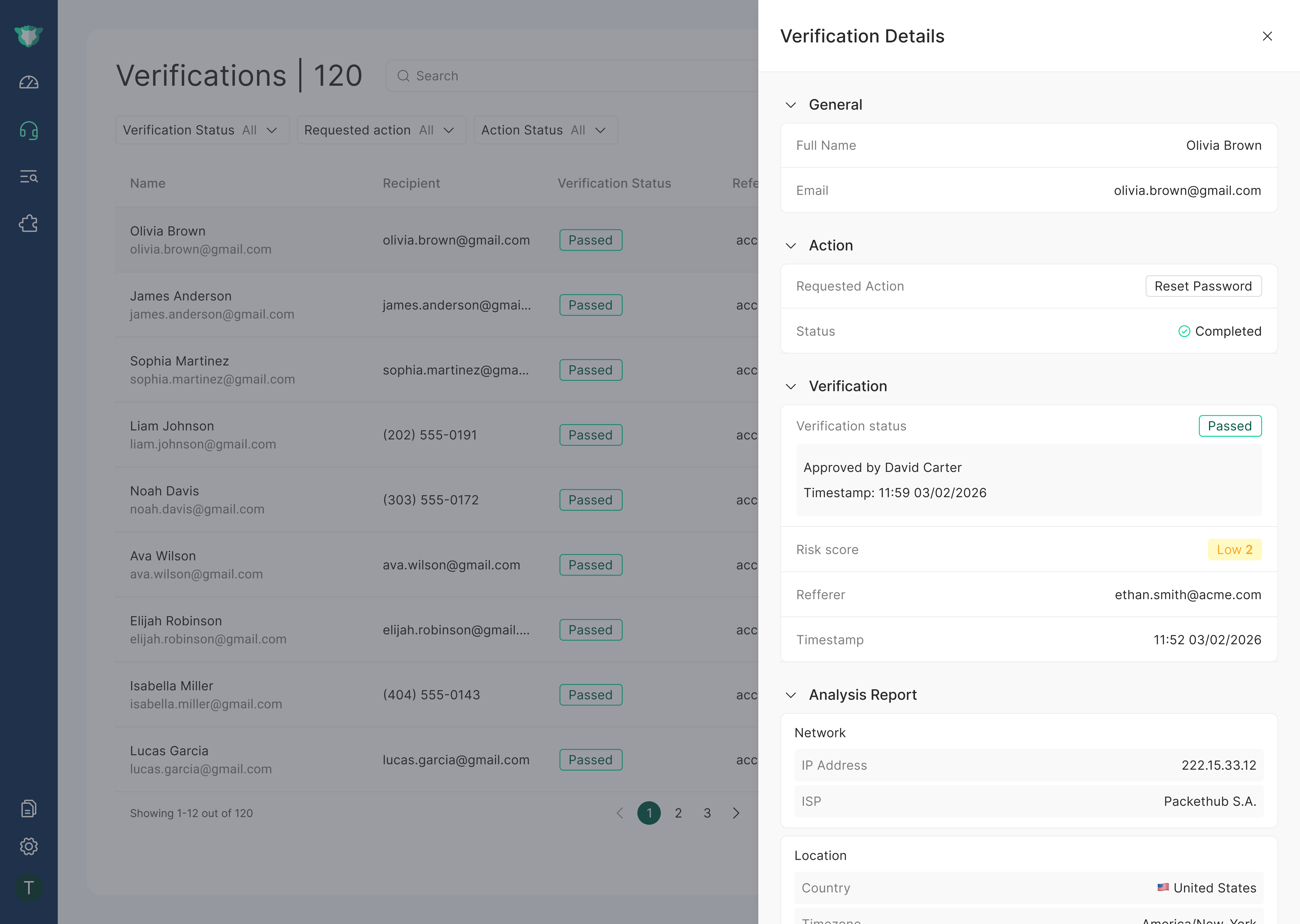 The verification drawer after manager approval, showing the action approved by the manager and the updated status.