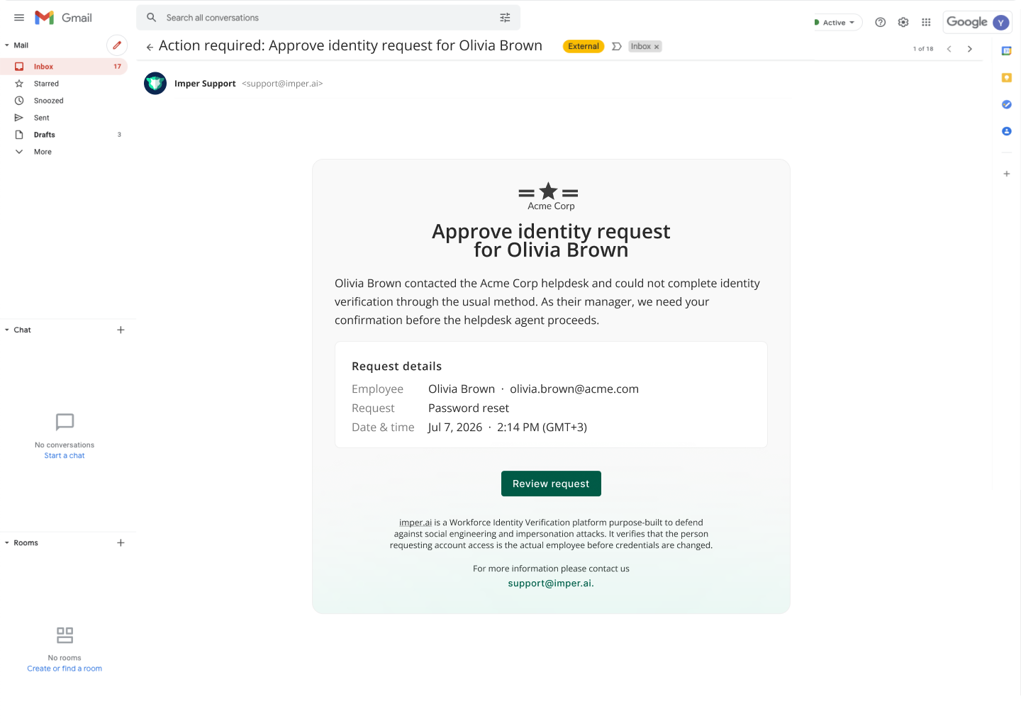 The email the manager receives, showing the employee, requested action, and date, with a Review request button.