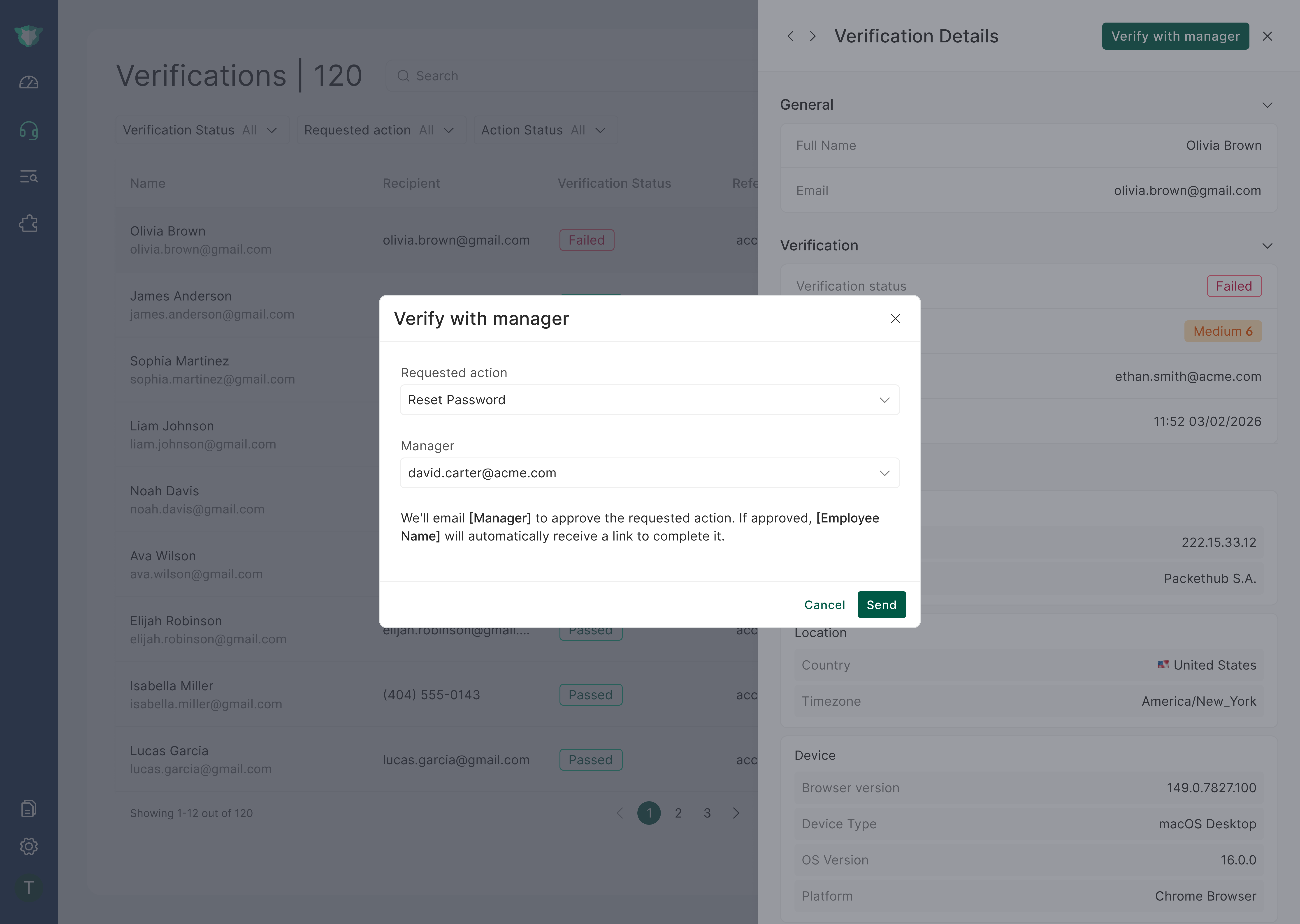 The Verify with manager dialog showing the Action field (Reset password) and the Manager field.