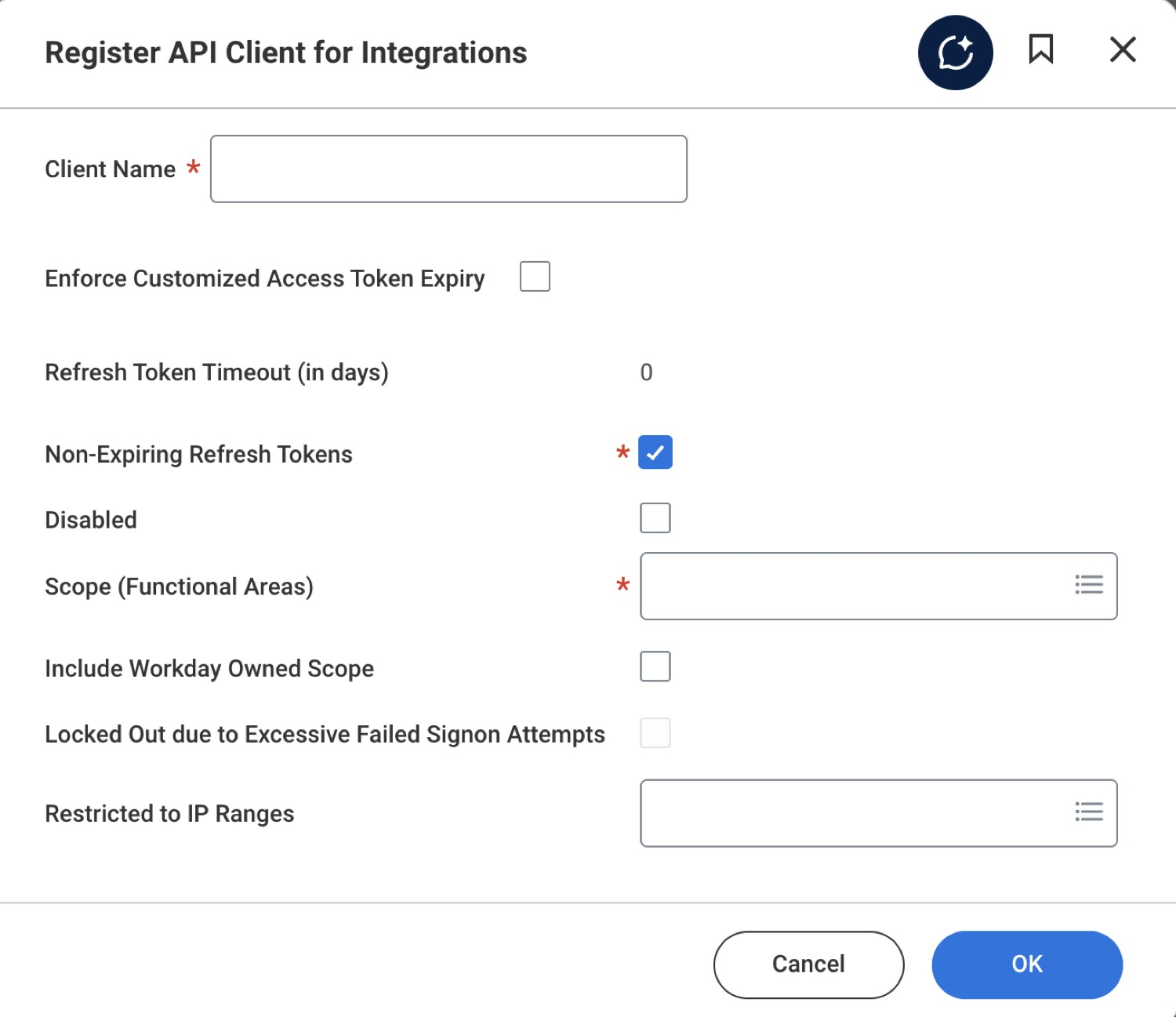 The Register API Client for Integrations form - note Non-Expiring Refresh Tokens and Scope (Functional Areas) are required.