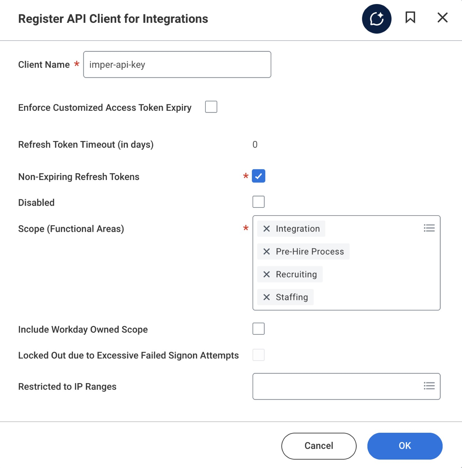 Filled in: client name imper-api-key, Non-Expiring Refresh Tokens checked, and the four functional-area scopes.