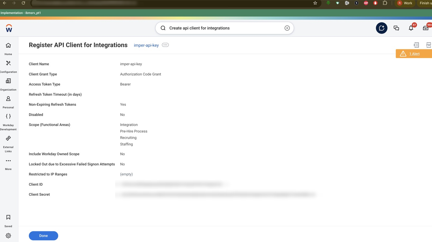 The registered client: Authorization Code Grant, Bearer, Non-Expiring Refresh Tokens = Yes, and the Client ID and Client Secret to copy.